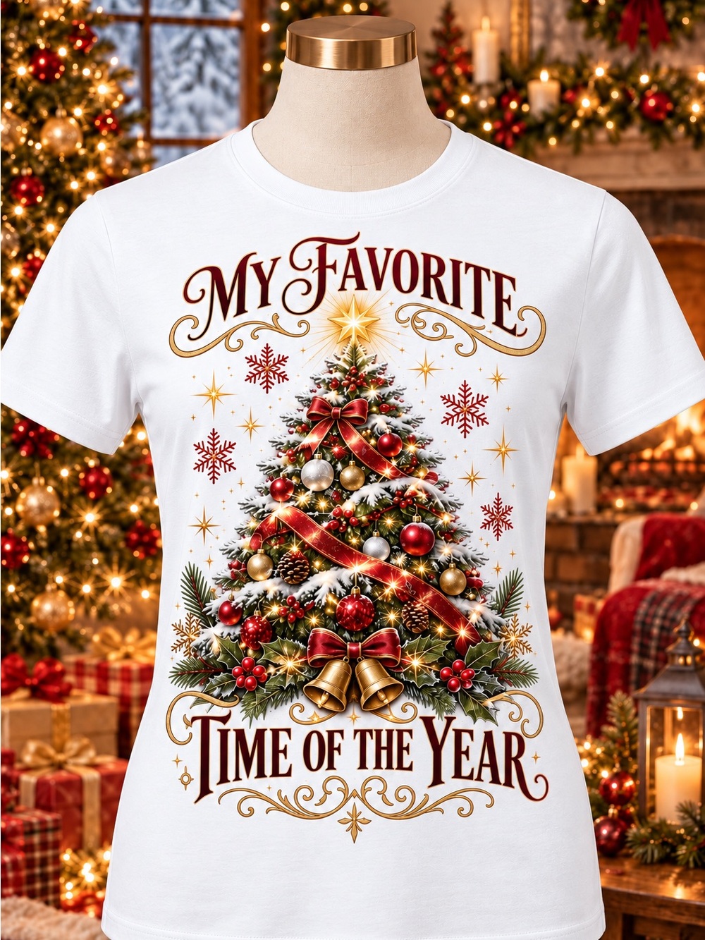 Gildan White Holiday Tree Tee with Red & Gold Accents